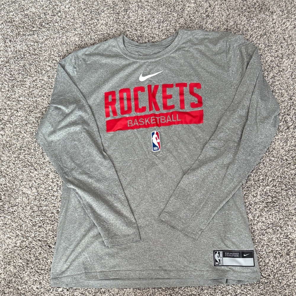 Nike Gray Long Sleeve 'Rockets' Basketball Tee with Red Logo